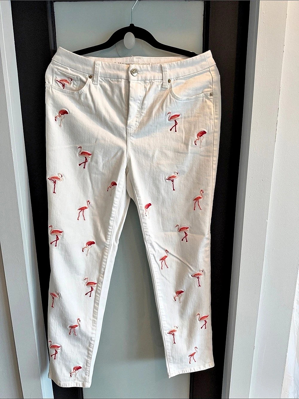 Chico's So Slimming Girlfriend Ankle Flamingo Embroidered White Ankle Jeans,